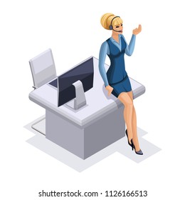 Isometric business lady with gadgets, computer, headset for call center, receiving orders online, vector illustration