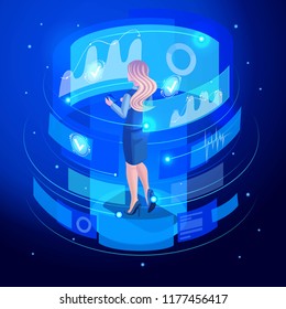 Isometric business lady works on a virtual screen, virtual reality, remote management of data, graphics and devices. High tech. Back view