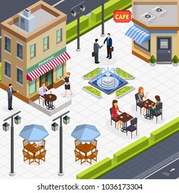 Isometric business lunch people composition with a few tables in the outdoor caf vector illustration