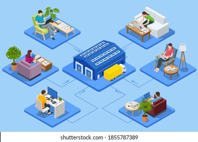 Isometric business man amd woman working at home. Logistics and Delivery Infographics. Delivery home and office. City logistics.