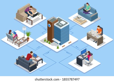 Isometric business man amd woman working at home with laptop and papers on desk. Business Analytics technology using big data, cloud computing, statistical model.