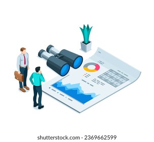 isometric business man with a binoculars near a document, in color on a white background, document work or teamwork