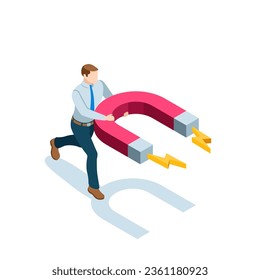 isometric business man holding a magnet in color on a white background, attraction or magnetization in marketing