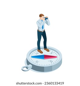 isometric business man looking through binoculars while standing on a large compass in color on a white background, business vision or search