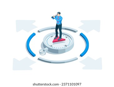 isometric business man looking through a spyglass while standing on a compass, in color on a white background, choosing the right direction