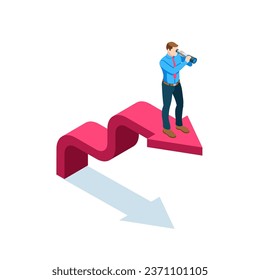 isometric business man looking through a spyglass while standing on an upward arrow, in color on a white background, business vision or leadership