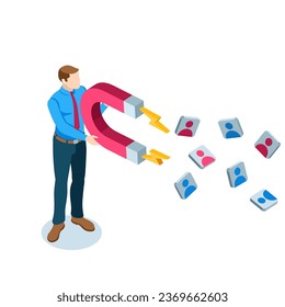 isometric business man with a magnet attracts subscribers, in color on a white background, social management and attracting subscribers or customers