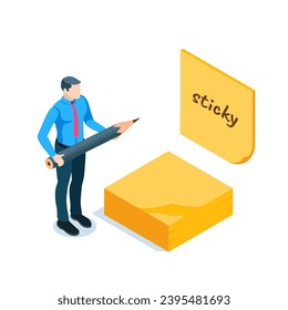 isometric business man with a pencil gluing a sticker, in color on a white background, taking notes