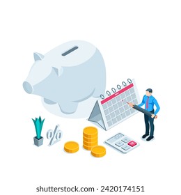 isometric business man with pencil near calendar and piggy bank, in color on white background, financial savings or deposits