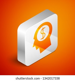 Isometric Business man planning mind icon on orange background. Human head with dollar symbol. Idea to earn money. Business investment growth concept. Silver square button. Vector Illustration