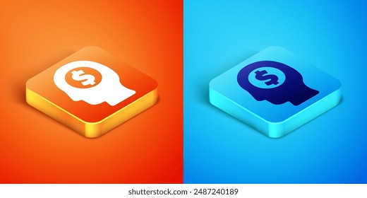 Icono de la mente de planificación del hombre de negocios isométrico aislado en fondo naranja y azul. Cabeza humana con dólar. Idea de ganar dinero. Crecimiento de la inversión empresarial.  Vector