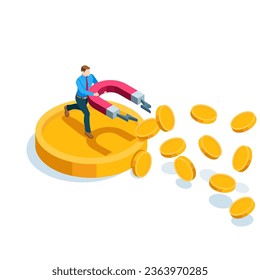 isometric business man with a powerful magnet attracts money, in color on a white background, attracting finance