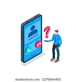 isometric business man with smartphone and question mark, in color on white background, incoming call from unknown number