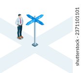 isometric business man standing at an intersection in front of a sign with arrows in four directions, choosing a direction or the right path