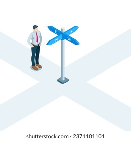 isometric business man standing at an intersection in front of a sign with arrows in four directions, choosing a direction or the right path