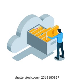 isometric business man takes a folder from the archive in the cloud in color on a white background, cloud data storage