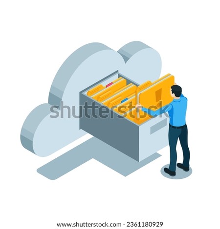 isometric business man takes a folder from the archive in the cloud in color on a white background, cloud data storage