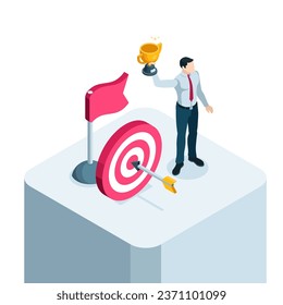 isometric business man with trophy next to flag and target with arrow, in color on white background, winning or achieving success