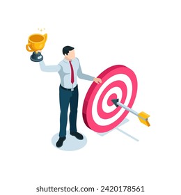 isometric business man with trophy next to target with arrow, in color on white background, winning or goal achievement