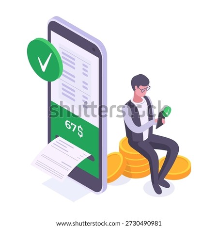 Isometric business man use mobile payment service. Man shopping online or using electronic payments app, online money transfer 3d vector illustration. Isometric financial concept
