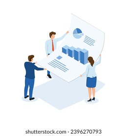 Isometric business man and woman holding paper sheet with graph and chart. Planning concept.