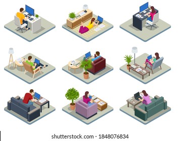 Isometric Business Man And Woman Working At Home With Laptop And Papers On Desk. Freelance Or Studying Concept. Online Meeting Work Form Home. Home Office.