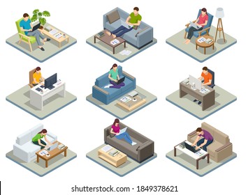 Isometric business man and woman working at home with laptop and papers on desk. Freelance or studying concept. Online meeting work form home. Home office.