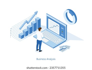 Isometric business man working for data analytics and monitoring on web report dashboard monitor and business finance. illustrator vector