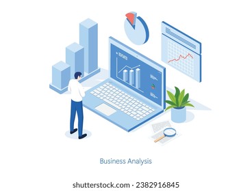 Empresario asimétrico que trabaja para el análisis de datos y el monitoreo en el monitor de tablero de informes web y la financiación empresarial. vector ilustrador