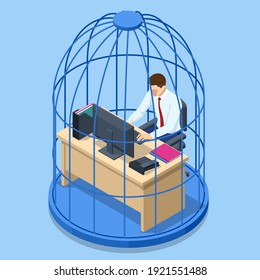 Isometric business man working at desk trapped inside birdcage. Stress at work. Overworked business man in jail. Deadline, bureaucracy, paperwork, paperwork.