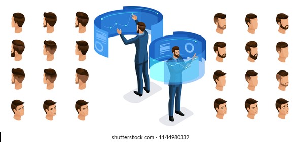 Isometric Business Man Working With Gadgets, Virtual Screen, Front View Rear View. Create Stylish Hairstyles For Your Character Set № 3