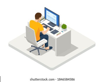 Isometric Business Man Working At Home With Laptop And Papers On Desk. Freelance Or Studying Concept. Online Meeting Work Form Home. Home Office.