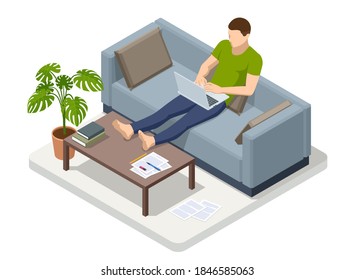 Isometric business man working at home with laptop and papers on desk. Freelance or studying concept. Online meeting work form home. Home office.