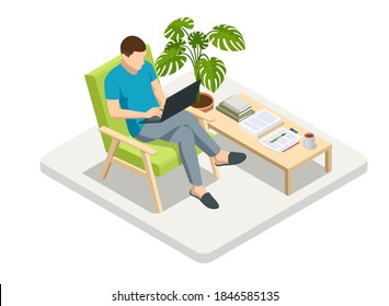 Isometric Business Man Working At Home With Laptop And Papers On Desk. Freelance Or Studying Concept. Online Meeting Work Form Home. Home Office.