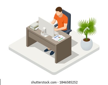 Isometric business man working at home with laptop and papers on desk. Freelance or studying concept. Online meeting work form home. Home office.