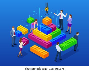 Isometric business management, online communication and finance concept, business teamwork and plastic blocks