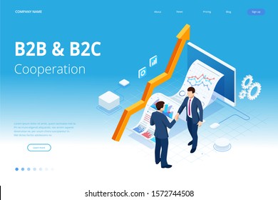 Isometric Business to Business Marketing, B2B Solution, business marketing concept. Online business, Partnership and Agreement