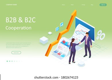 Isometric Business to Business Marketing, B2B Solution, business marketing concept. Two business partners shaking hands.