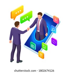Isometric Business to Business Marketing, B2B Solution, business marketing concept. Two business partners shaking hands.