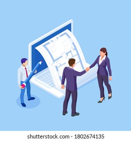 Isometric Business to Business Marketing, B2B Solution, business marketing concept. Two business partners shaking hands.