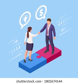 Isometric Business to Business Marketing, B2B Solution, business marketing concept. Two business partners shaking hands.