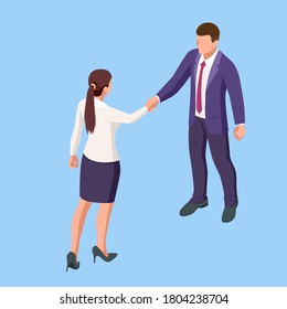 Isometric Business to Business Marketing, B2B Solution, business marketing concept. Two business partners shaking hands.