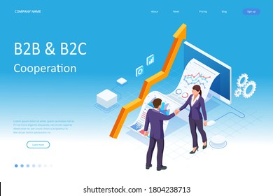 Isometric Business to Business Marketing, B2B Solution, business marketing concept. Two business partners shaking hands.