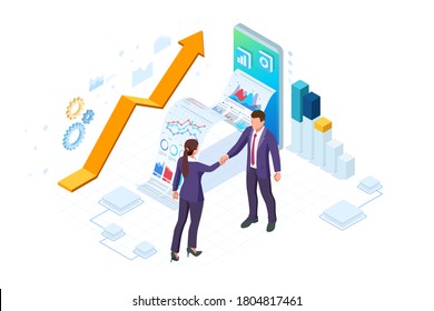 Isometric Business to Business Marketing, B2B Solution, business marketing concept. Two business partners shaking hands.