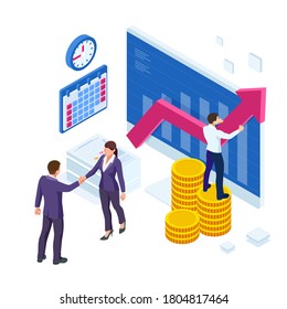 Isometric Business to Business Marketing, B2B Solution, business marketing concept. Two business partners shaking hands.