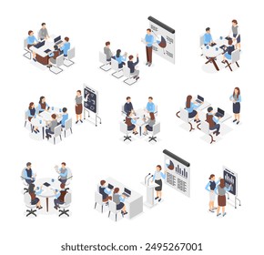 Isometric business meeting. Office managers work processes. Team leader presentation, speakers and corporate trainings. Start up flawless vector scenes