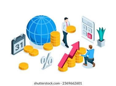 isometric business men with coins and a chart of coins with an arrow, in color on a white background, overall budget or financial growth