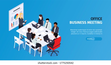 Isometric business men horizontal banner with editable text more button and group of coworkers on meeting vector illustration