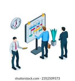 isometrische Geschäftsleute schauen sich den Zeitplan an, der auf dem Ständer in Farbe auf weißem Hintergrund erscheint, Büroangestellte