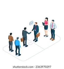 isometric business men shaking hands next to their colleagues, in color on a white background, business agreement or association